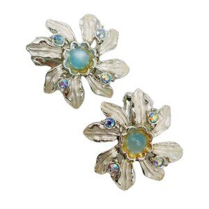 Judy Lee Moonglow Blue & AB Rhinestone Retro Flower Clip On Earrings Signed
